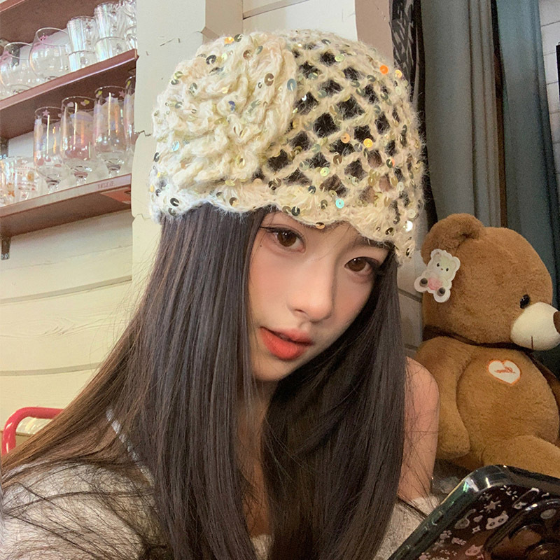 复古文艺风亮片花朵包头帽女秋冬手工钩针镂空针织毛线帽套头帽子|undefined