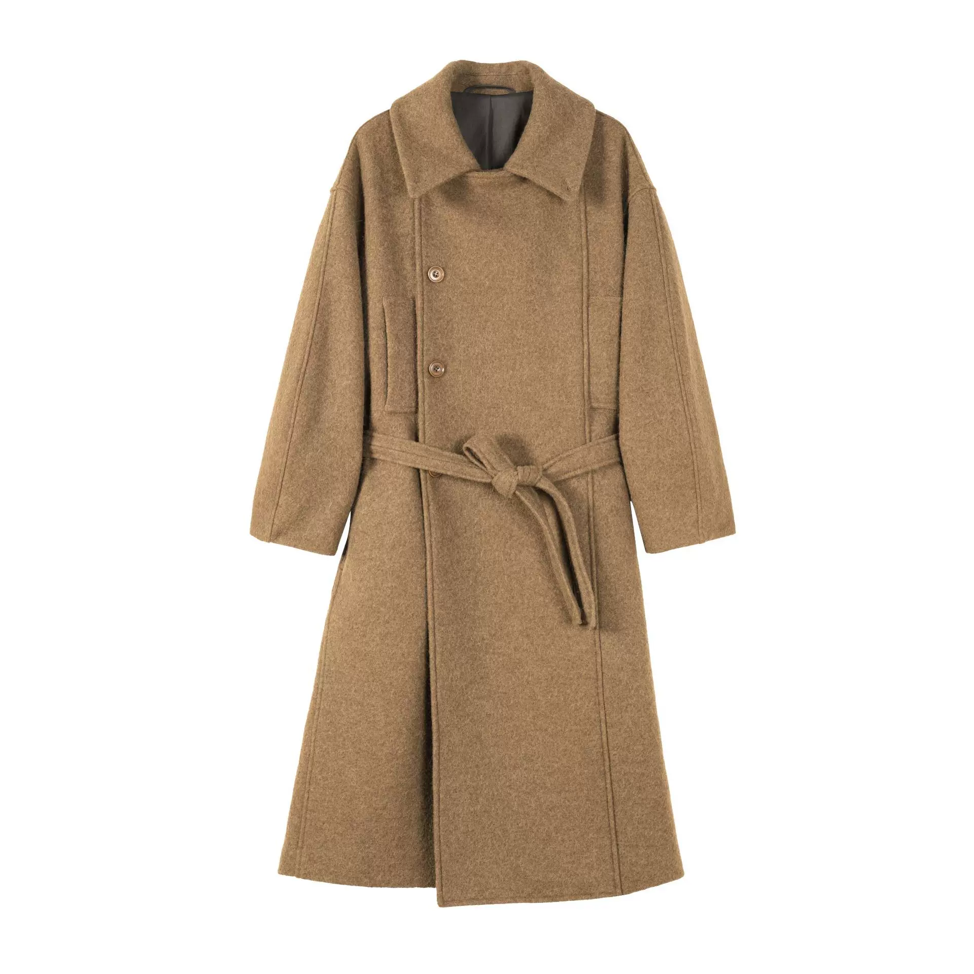 羊驼毛毛呢长款大衣女系带收腰浴袍呢子大衣翻领复古风外套