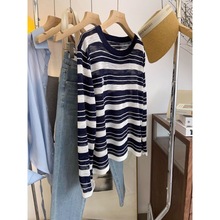 外贸剪标~专柜尾货清仓设计感冰丝条纹针织打底衫女别致小众上衣