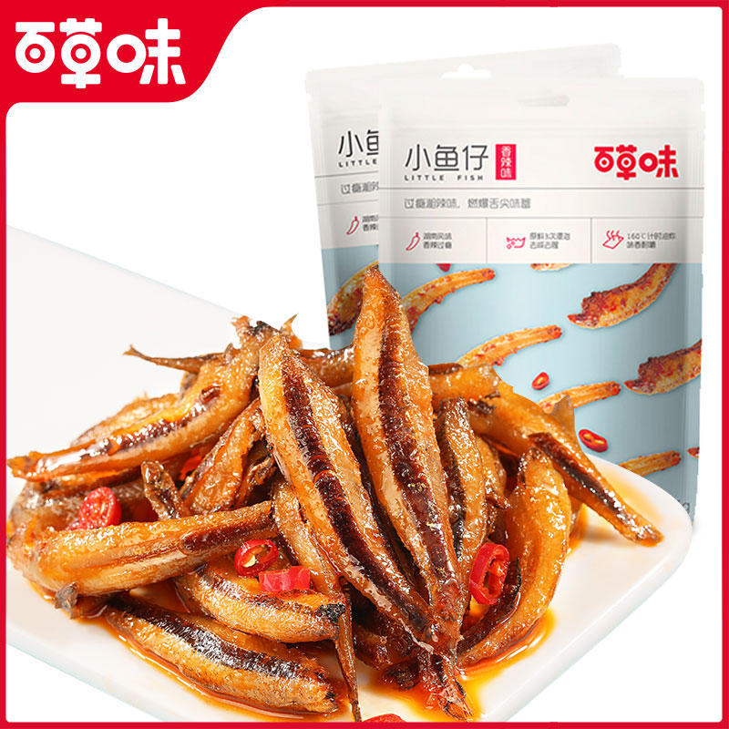 百草味小鱼仔105g香辣小鱼干海味即食零食湖南特产