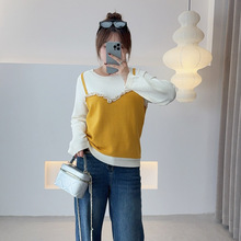 爱元2025年新款胖mm大码女装花边拼接假两件撞色毛衣女秋冬厚F653