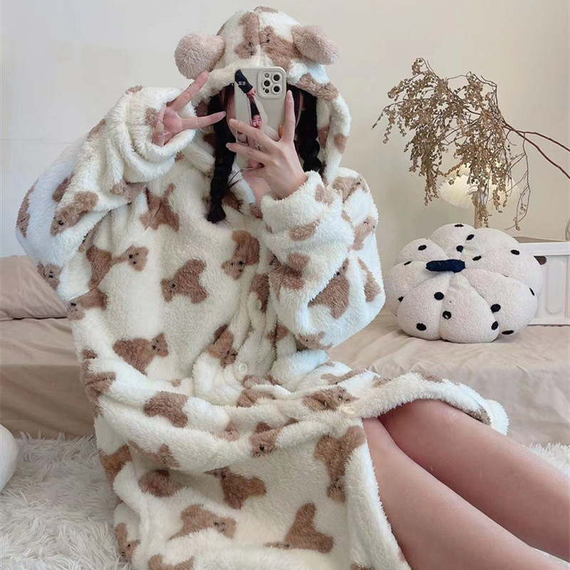 Coral pijamas camisón de invierno Albornoz de las mujeres engrosada de lana forrada cardigan camisón largo de franela de dibujos animados ropa de casa