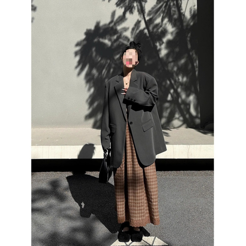 oversize Wide Gray Suit Jacket Women's Small High-end Spring and Autumn New Silhouette Suit