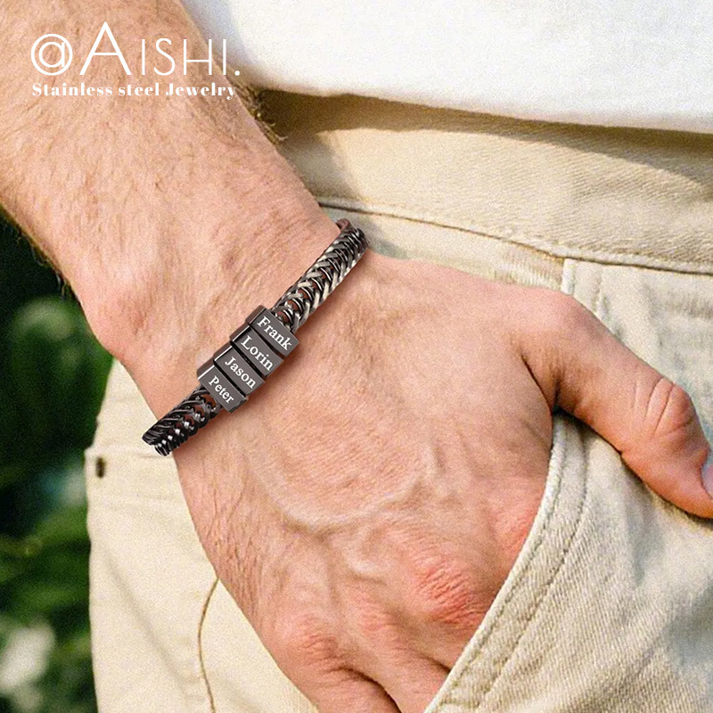 Amazon Best Selling Men's Stainless Steel Bracelet Father's Day Gift Personalized Name Beads DIY Lettering Bracelet