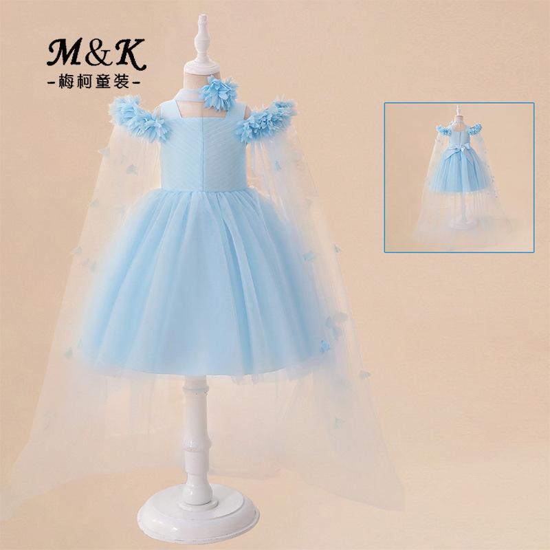 Nuevo vestido de niños transfronterizo vestido de princesa vestido de rendimiento flor tridimensional satén malla cola de verano vestido largo