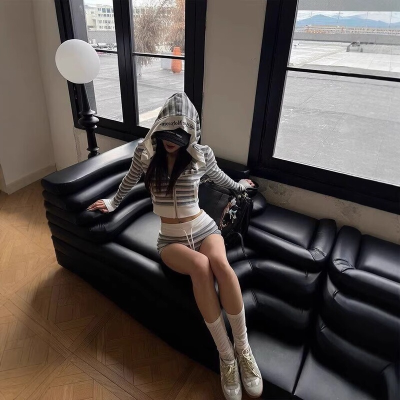 Cute and Adorable Style Girl's Striped Shorts, New Summer Model, Mid-Low Waist, Versatile, Slimming, Casual Shorts, Slim Fit, Gray