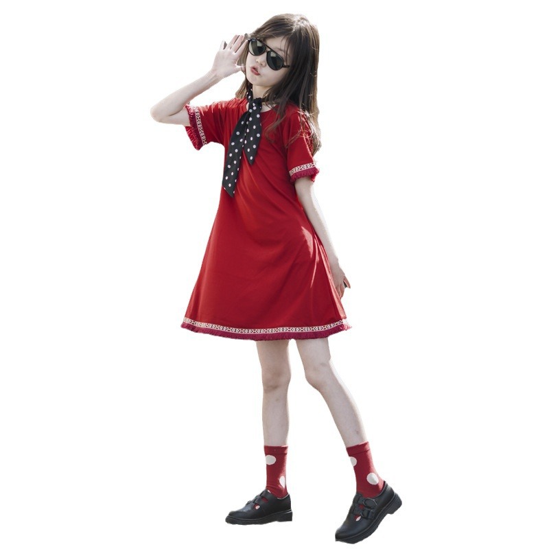 Falda de estilo étnico para niños Vestido de niña simple Verano 2024 Nueva falda de manga corta para niña de estilo occidental Verano