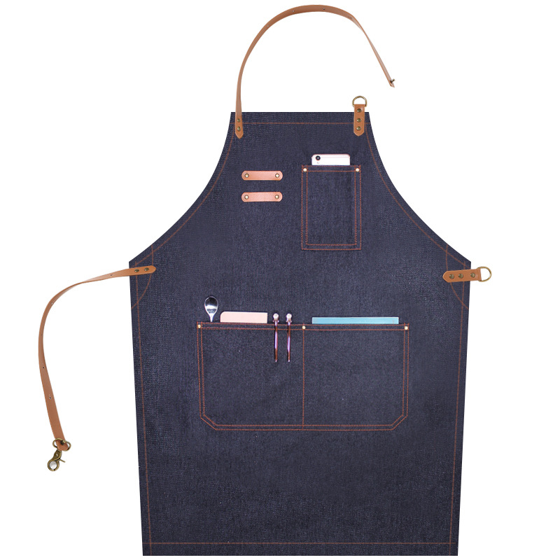 Halter Denim delantal logotipo personalizado restaurante barista leche tienda de té floral peluquero trajes delantal al por mayor