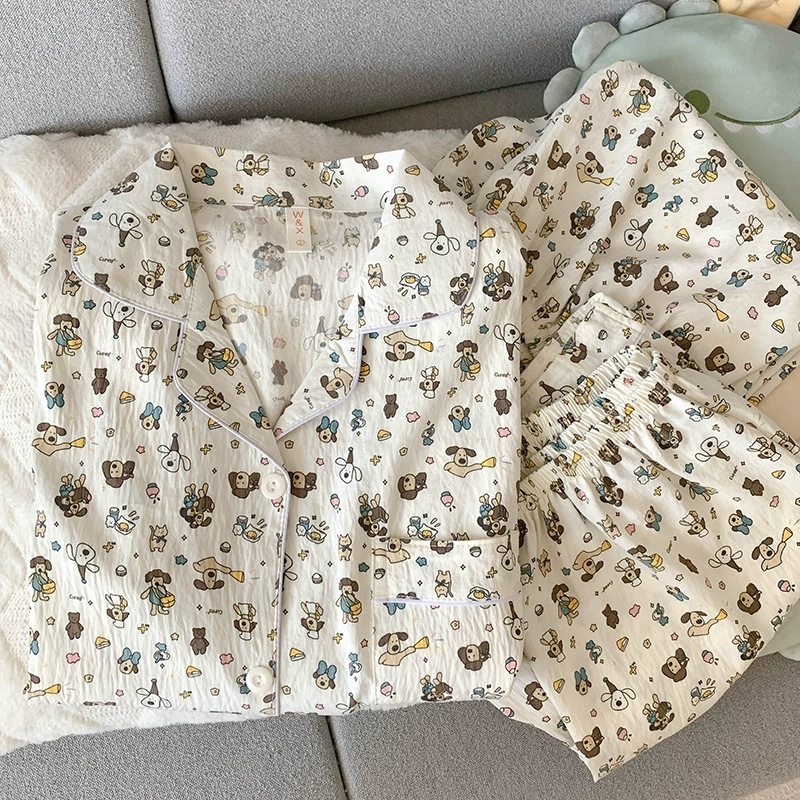 Летний пижамный комплект, корейский стиль, 3 предмета: короткий рукав + шорты + штаны, лёгкий