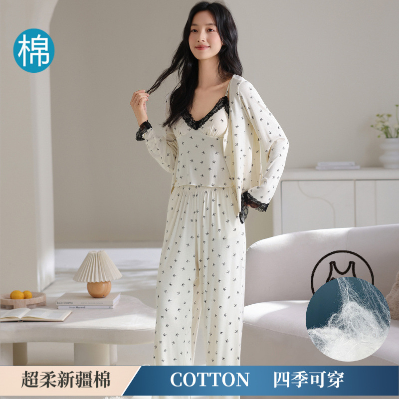 Cotton Spring and Autum Suspender Three-Piece Pajamas for Women with Breast Pads Pure Cotton New Sexy and Sweet Home Wear Long-Sleeved Women