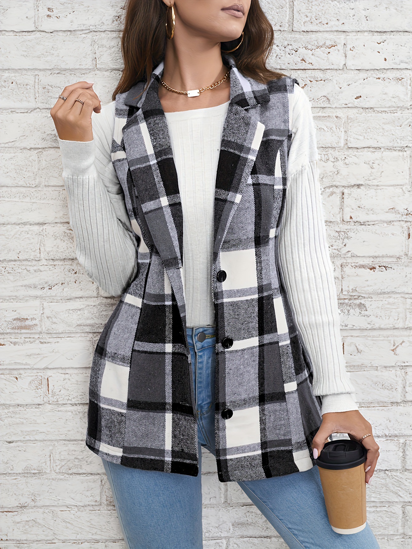 Fashion women‘s lapel suit vest plaid jacket