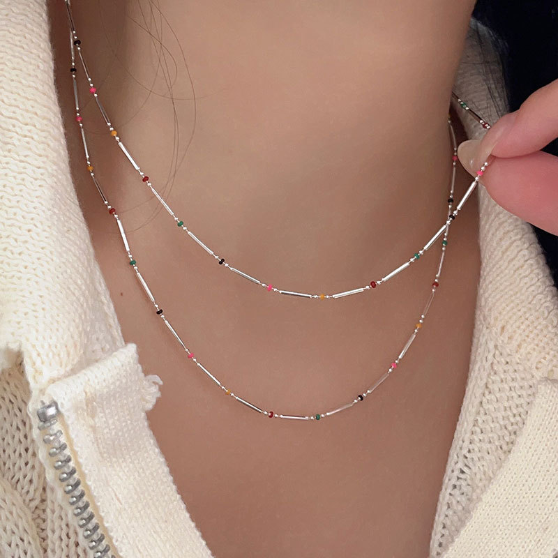 Holding Heng S925 sterling silver colorful dripping rainbow beads square simple plain chain necklace for women South Korea new clavicle necklace Holding Heng S925 sterling silver colorful dripping rainbow beads square simple plain chain necklace for women South Korea new clavicle necklace