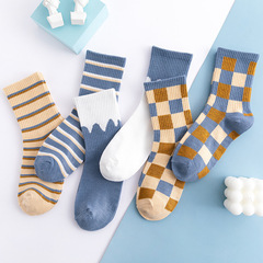 Women's Mid-Calf Socks with British Check Pattern, Fashion Trendy, Instagram Style, Korean Version, Fresh High-Calf Women's Socks, Blue Series