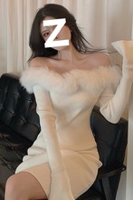 纯欲风性感一字肩针织连衣裙女秋季洋气时髦气质裙子长袖打底裙潮