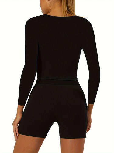 2 Piece Yoga Workout Set Long Sleeve Crew Neck Top And High