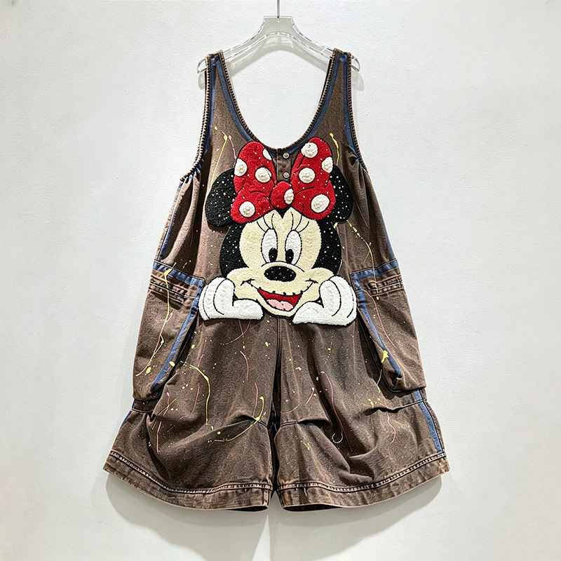 Thai trendy brand 2026 spring-summer new cartoon embroidered graffiti overalls for women, loose-fitting drop-crotch shorts jumpsuit