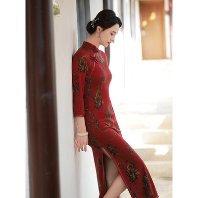 Jane Limei 2021 Autumn and winter new pattern cheongsam Retro lady temperament literature Long cheongsam Dress