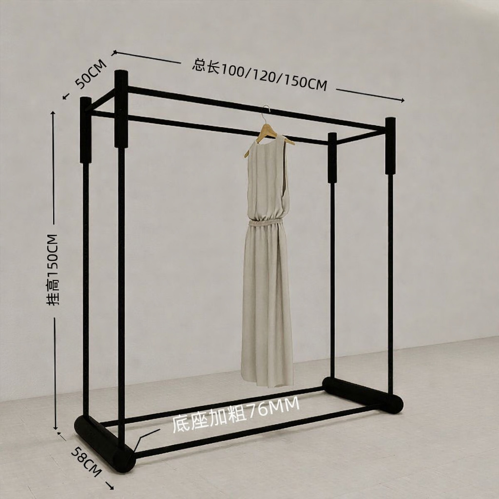 Tienda de ropa de mujer Zhongdao marco negro forjado doble fila estante de piso grueso grueso exhibición de ropa de alto valor de la cara Zhongdao marco