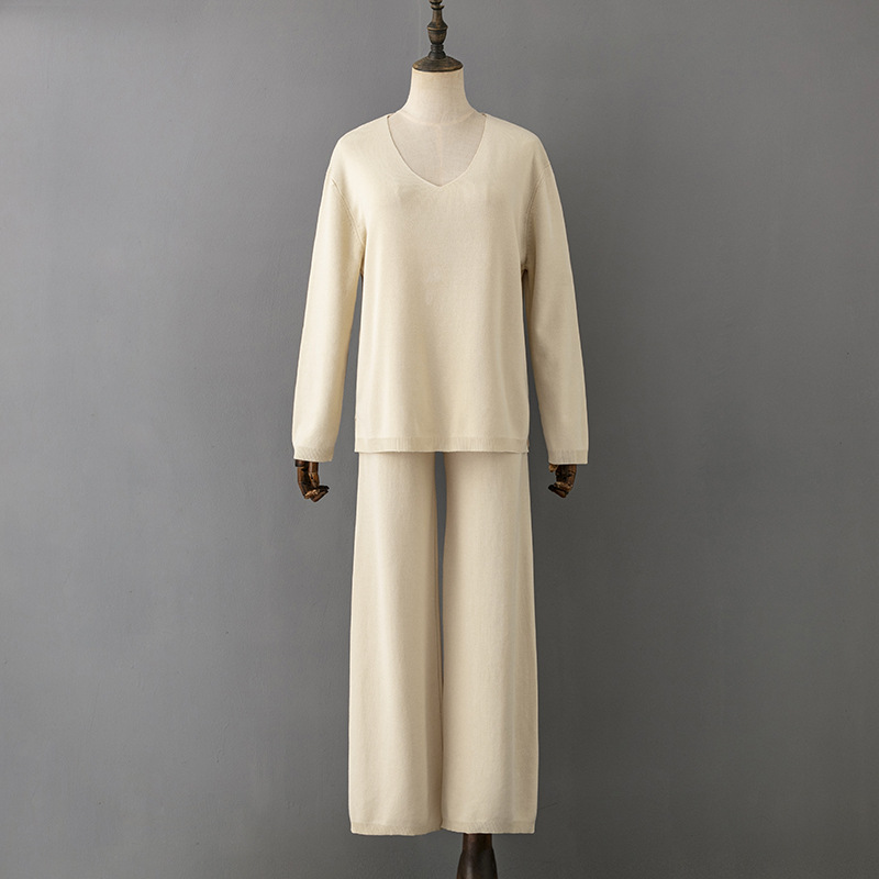 Solid Color V neck Ice Silk Suit Spring Autumn Loose High Waist Casual Two Piece Sweater