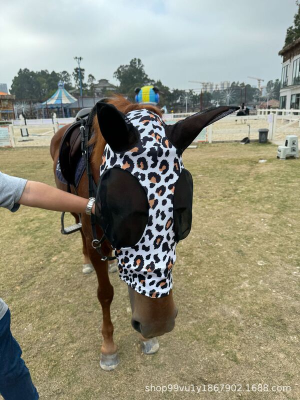ヒョウ柄の蚊よけとハエよけの馬用ヘッドマスク、通気性のあるメッシュ、さまざまなプリントの馬用マスク、保護用馬用マスク|undefined