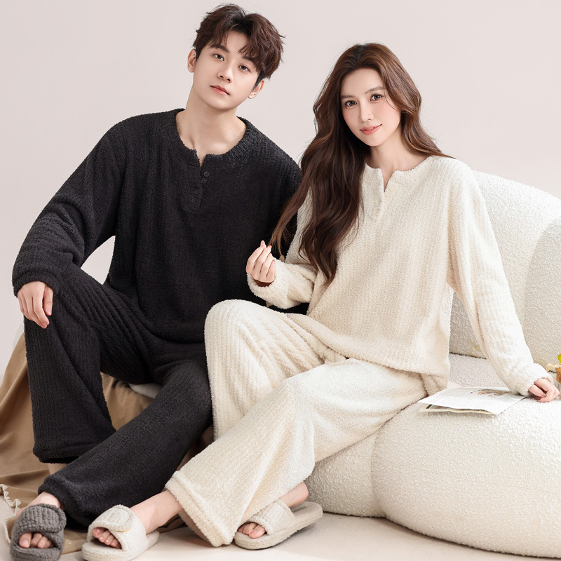 Half Velvet Couple Pajamas Winter Women's Thickeneded Velvet Autumn and Winter Wearable Men's Coral Velvet Home Clothes Set