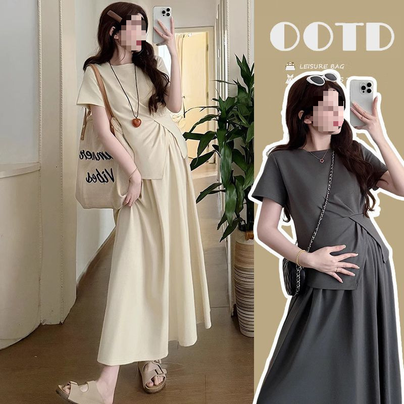 Pregnant women's summer Korean fashion loose belly-covering short-sleeved jacket casual outerwear belly-supporting skirt hot mom set