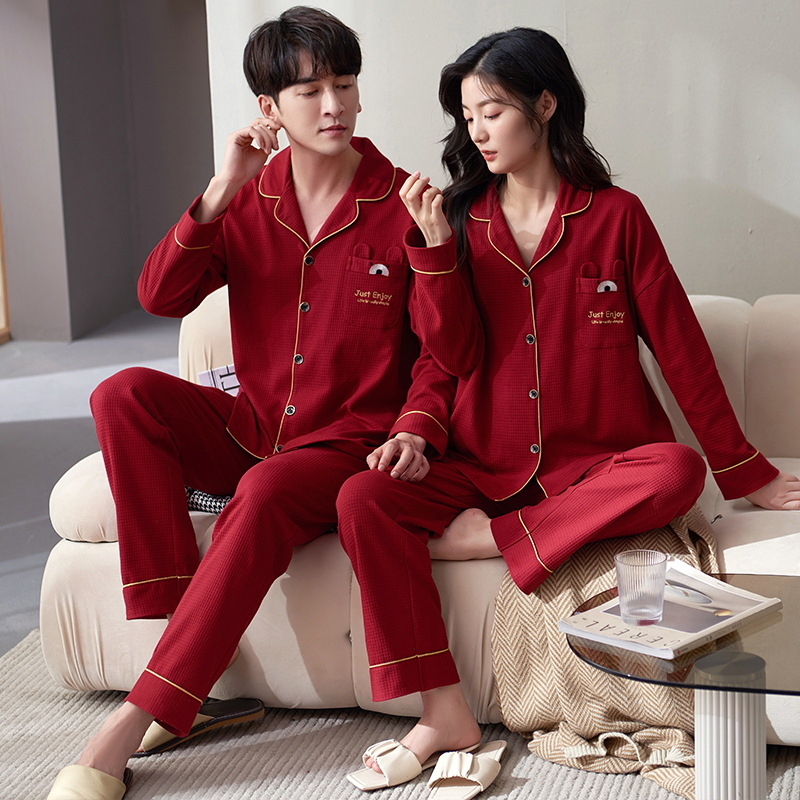 Pareja pijamas hombres Otoño e Invierno puro algodón boda nacimiento año rojo manga larga desgaste del hogar de las mujeres traje