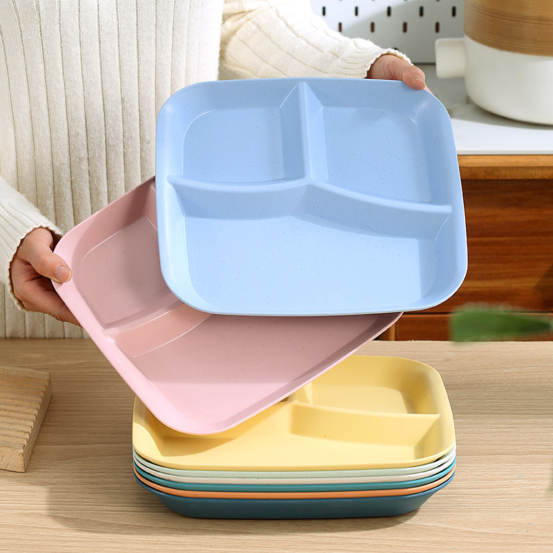 Plastic Three-compartment Square Dinner Plate Household Breakfast Plate Noodles and Nut Plate Lunch Quantitative Split Fat Reducing Plate Light Food Plate