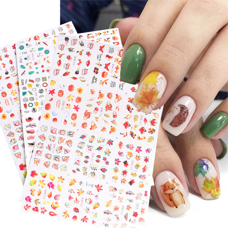 Cross-border new nail stickers ins autumn maple leaf art abstract lines pumpkin Thanksgiving watermark nail stickers