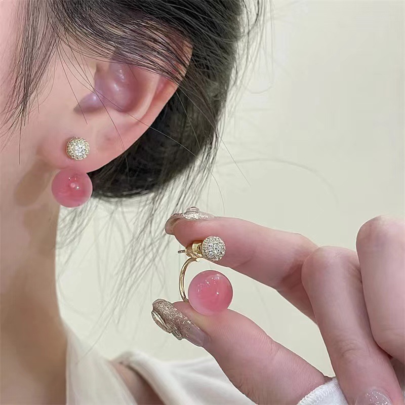 2024新款耳飾櫻花粉一款兩戴圓珠耳環輕奢高級耳釘小眾氣質耳飾女