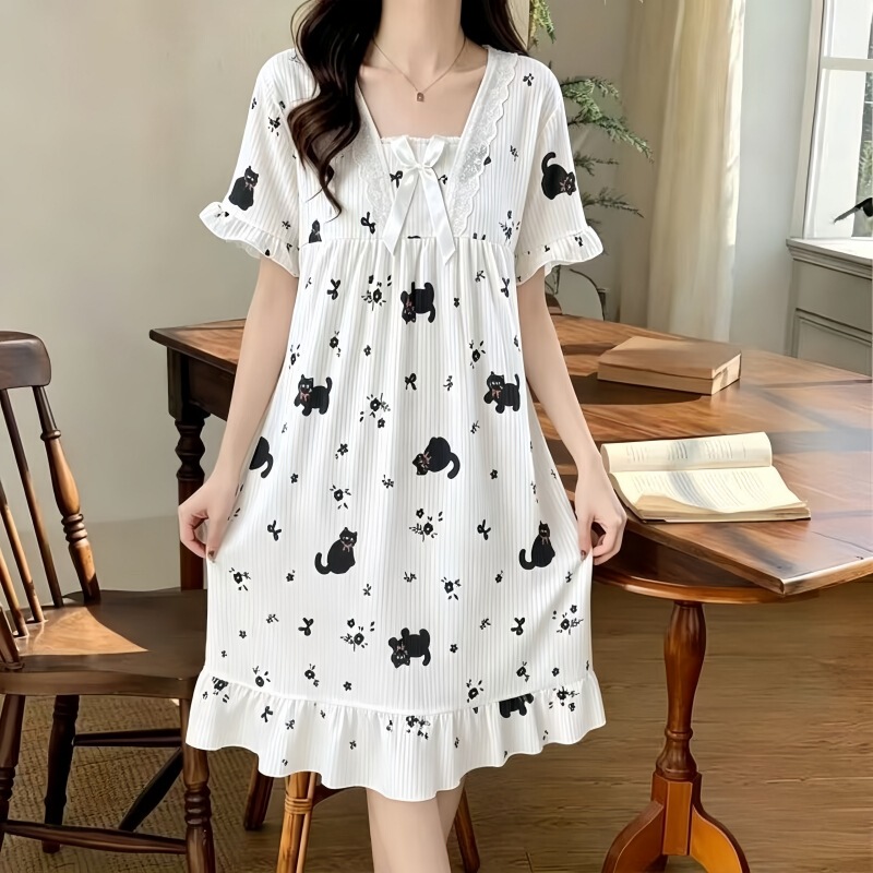 Summer Nightgown for Women 2026 New Short-Sleeved Thin Cute Pajamas for Ladies, Plus Size, Can Be Worn Outside as Home Wear Summer Nightgown for Women 2026 New Short-Sleeved Thin Cute Pajamas for Ladies, Plus Size, Can Be Worn Outside as Home Wear
