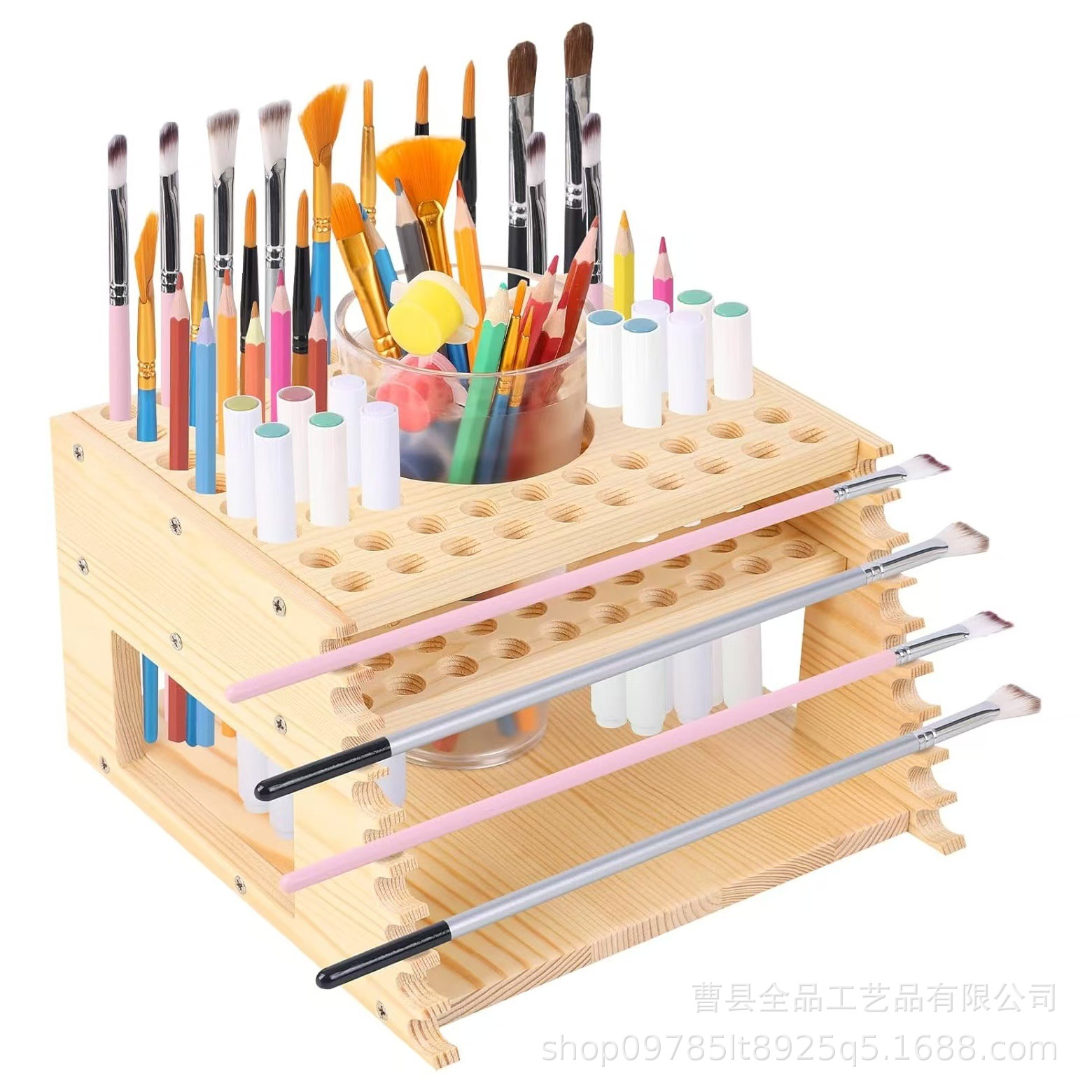 Estante de almacenamiento de herramientas de arte de rejilla múltiple de madera Estante de bolígrafo de pintura Estante de almacenamiento de cepillo de madera maciza Estante de almacenamiento de pincel Soporte de acabado