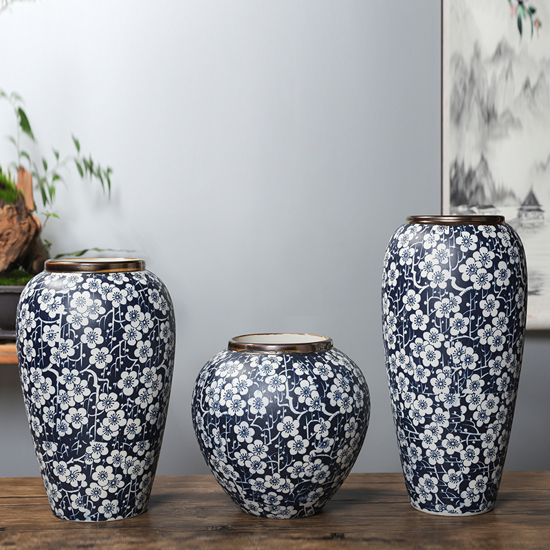 軟裝樣板房擺件陶瓷花瓶花器復古花瓶中式花瓶鮮花花瓶青花瓷冰梅