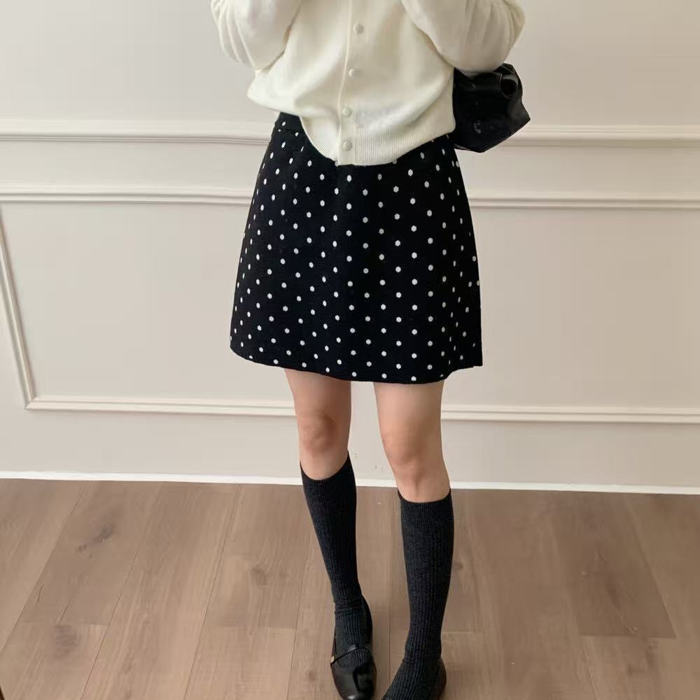 韩系波点针织半身短裙女2025秋冬新款打底外穿修身包臀直筒裙子潮