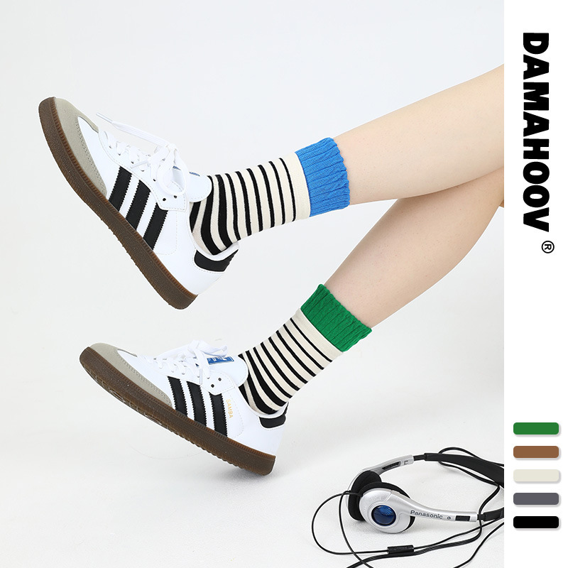 Women's Socks Original Personality Trendy Spring and Autumn New Contrast Color Stripe Korean Style College Style All-match Socks Short Tube Pure Cotton Socks