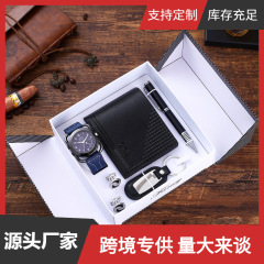 5pcs/set精品禮品套裝 watch錢包+袖扣+鑰匙扣+大錶盤石英手錶+筆