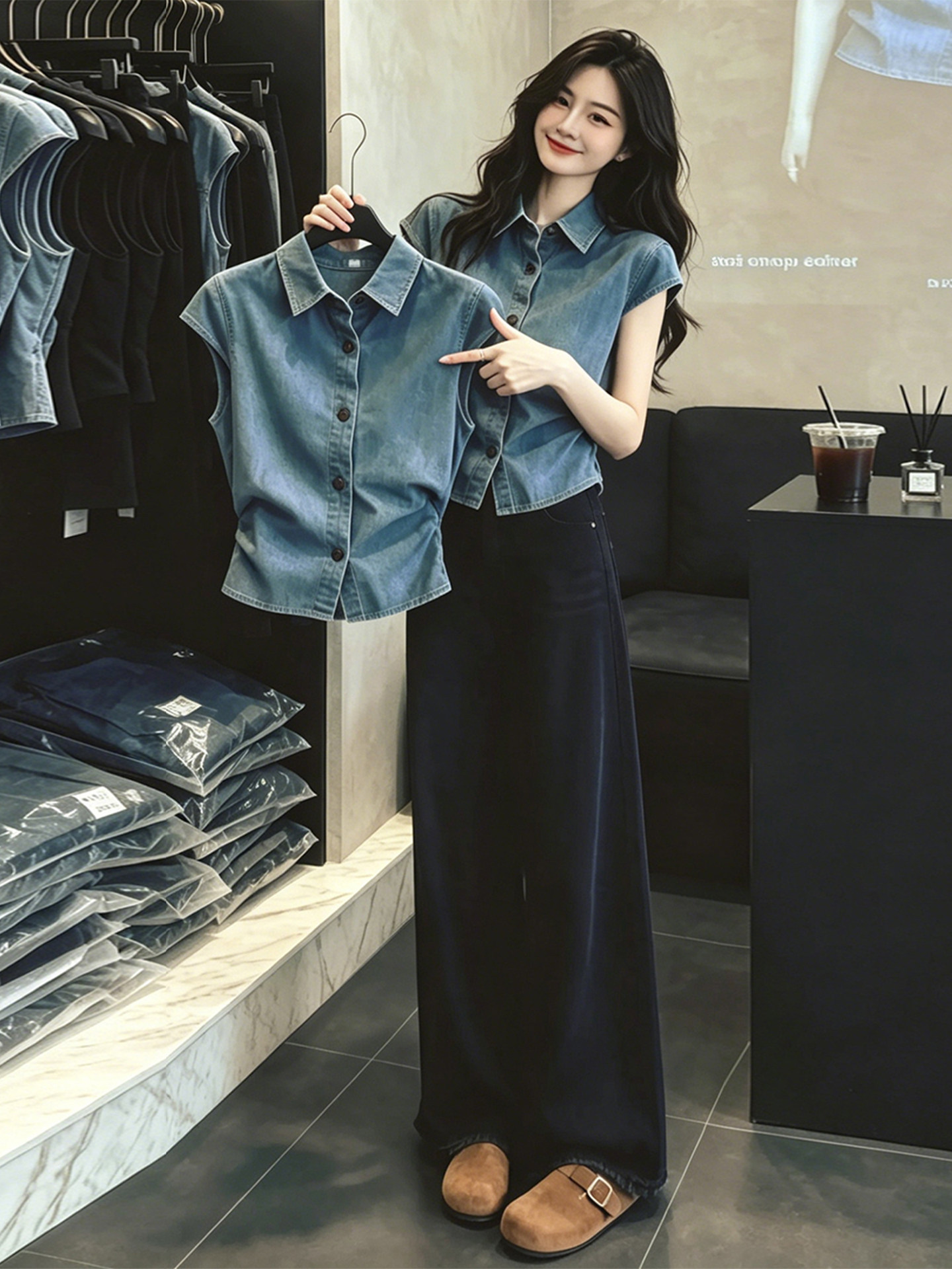 Áo sơ mi nữ cổ lật xanh denim tay bèo nhỏ eo thon — màu xanh nhạt