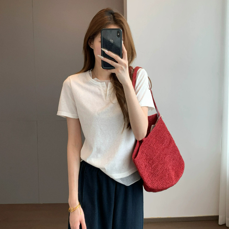 Mesh Patchwork Slim-Fit T-Shirt with Spoon Collar, Short Sleeves, and Dropped Shoulders for Women in Summer Gff290
