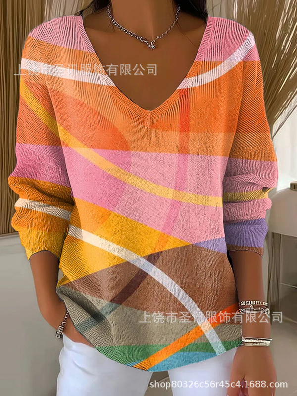 欧美跨境独立站新款3D印花女士时尚渐变色V领长袖T恤上衣|undefined