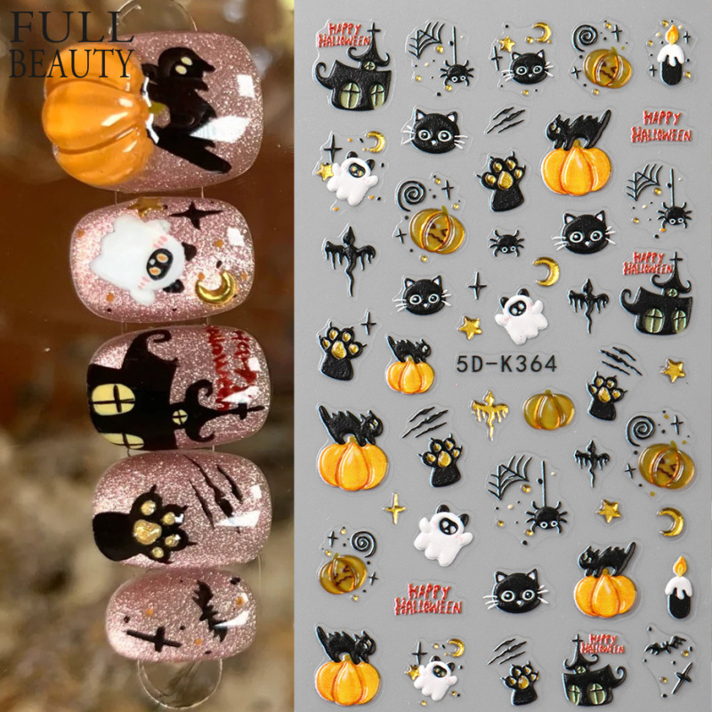 Cross-Border New Nail Art Stickers Halloween Cartoon Black Cat Pumpkin Ghost 5D Embossed Stereo Nail Stickers