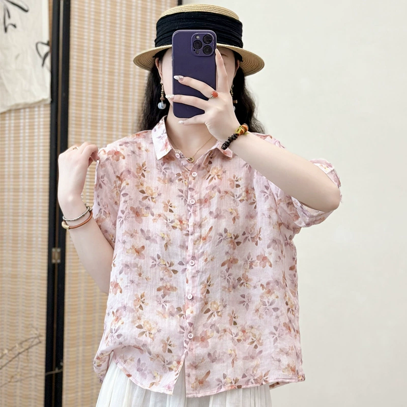 Женская рубашка с коротким рукавом из рами с художественным свежим цветочным принтом, летняя тонкая рубашка, уменьшающая возраст, для похудения, свободная рубашка из хлопка и льна.