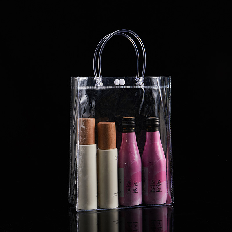 批发生产pvc手提袋子透明喜糖红酒伴手礼袋塑料按扣化妆品包装袋