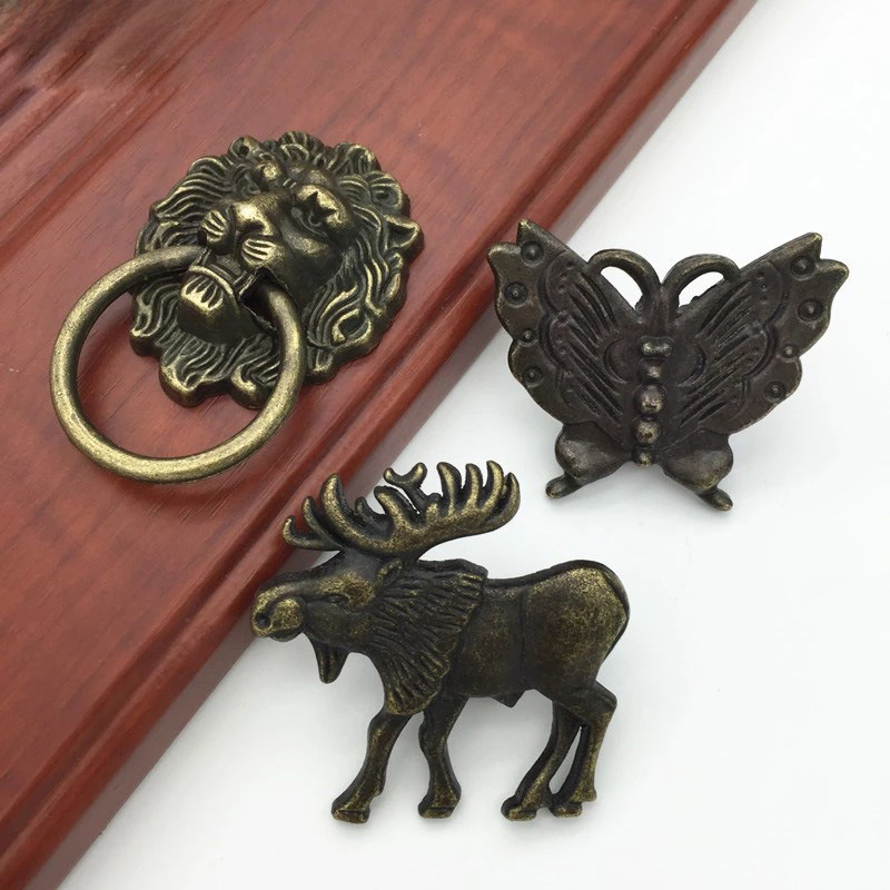 美式仿古卡通拉手做舊青古動物小鹿獅子環金色歐式家具單孔門拉手