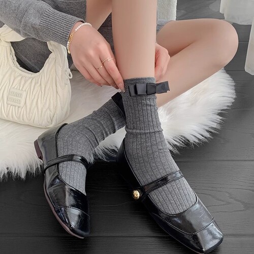 Stacked sock calf cotton wide strip one-piece bow summer versatile girl ballet miumiu style knee-high socks short socks