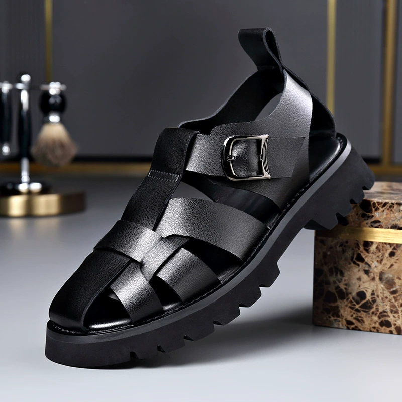 Мужские сандалии 2024 лето новые дышащие римские повседневные полые кожаные туфли большого размера