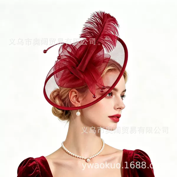 Cross-Border European and American Bridal Mesh Headdress Retro Feather Head Flower Party Banquet Dance Hair Accessories Exaggerated Hat Hair Accessories