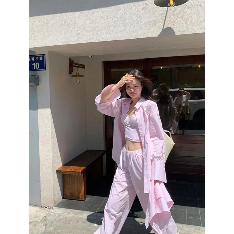 慵懒风松弛感长袖防晒衬衫吊带高腰垂感显瘦休闲裤三件套夏季新款|undefined