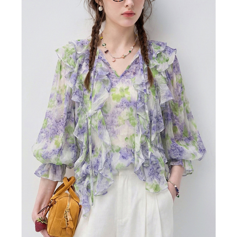 Áo sơ mi nữ chiffon in hoa tay dài viền lá sen — Yên Hà Tử