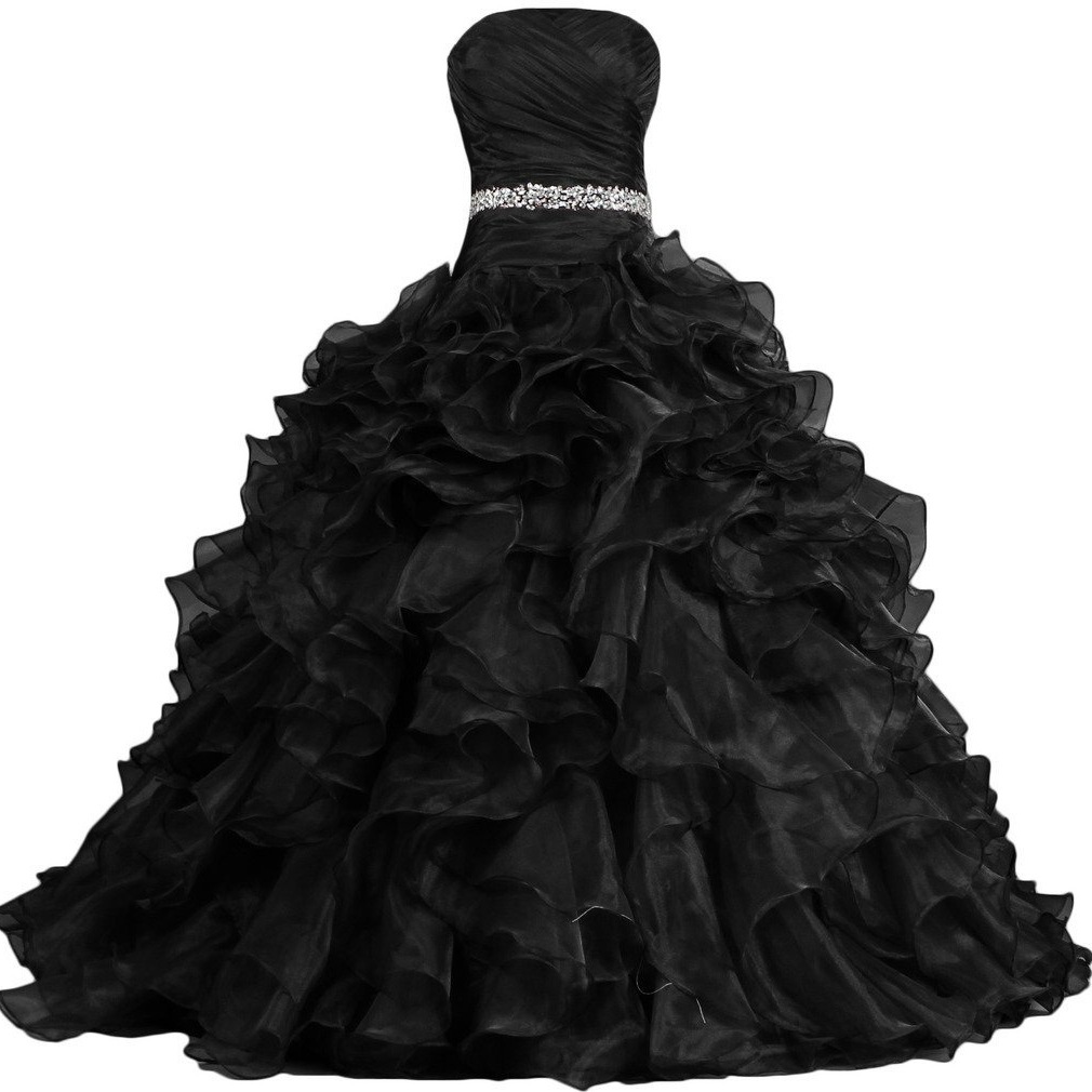 Black Strapless Tully Wedding Dress Floor-length Dress Banquet Host Large Swing Princess Dress Evening Dress Ruffled Waist Sewn Beads