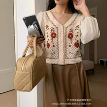 波西米亚时尚百搭雪纺衫v领开衫宽松显瘦清新刺绣绣花长袖泡泡袖